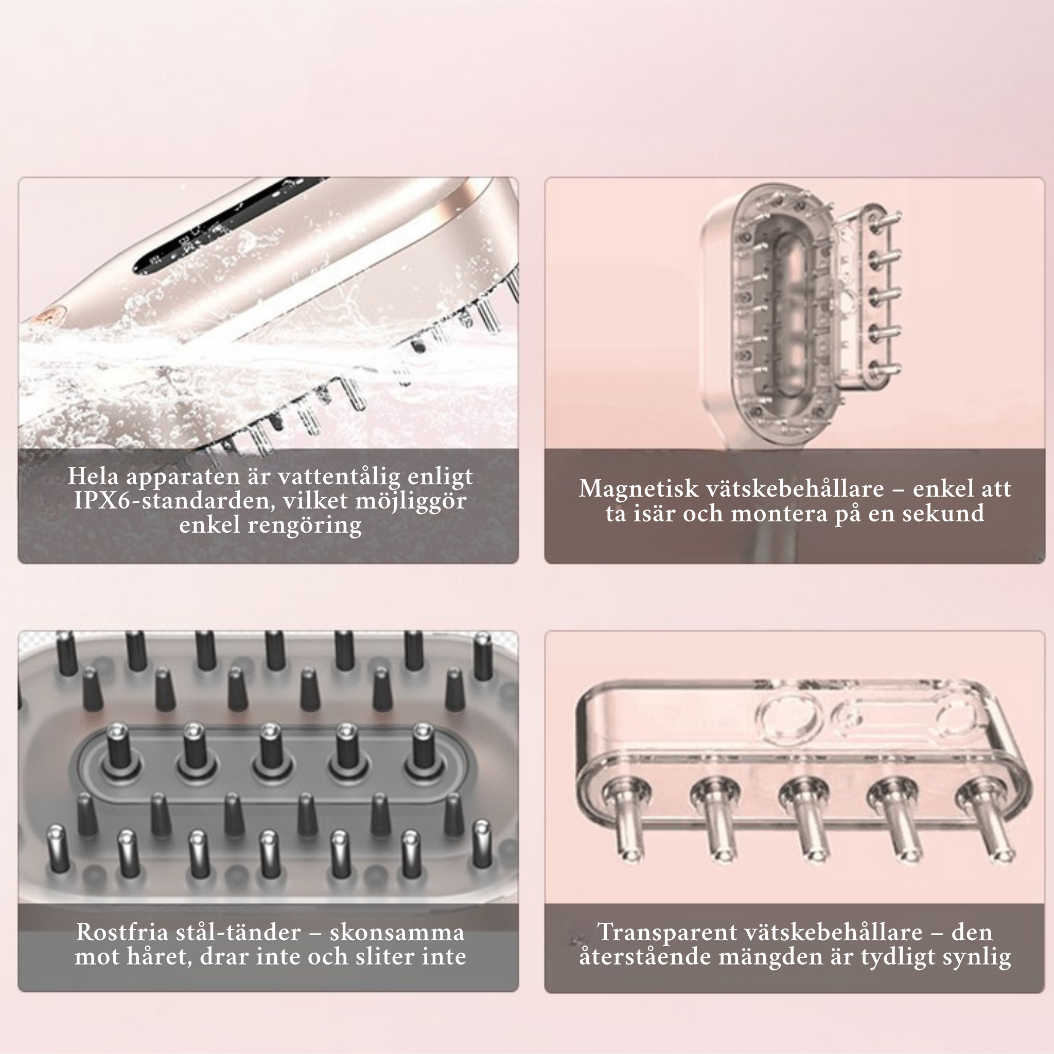 Produktfunktioner för Improve33 ansiktsborste: vattentålig, magnetisk vätskebehållare och justerbara lägen