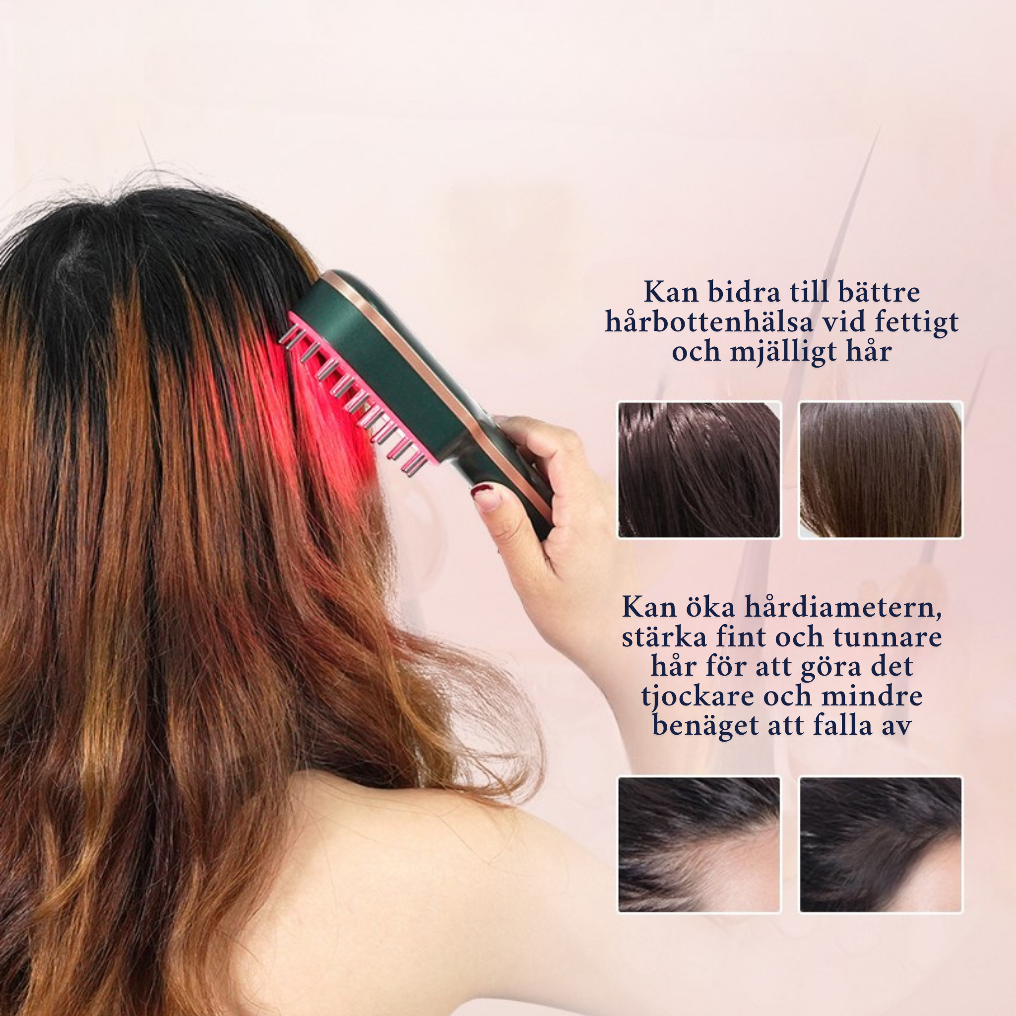 Kvinna använder Improve33 hårborste – demonstration av rengöring, vibrerande massage och ljusterapifunktioner