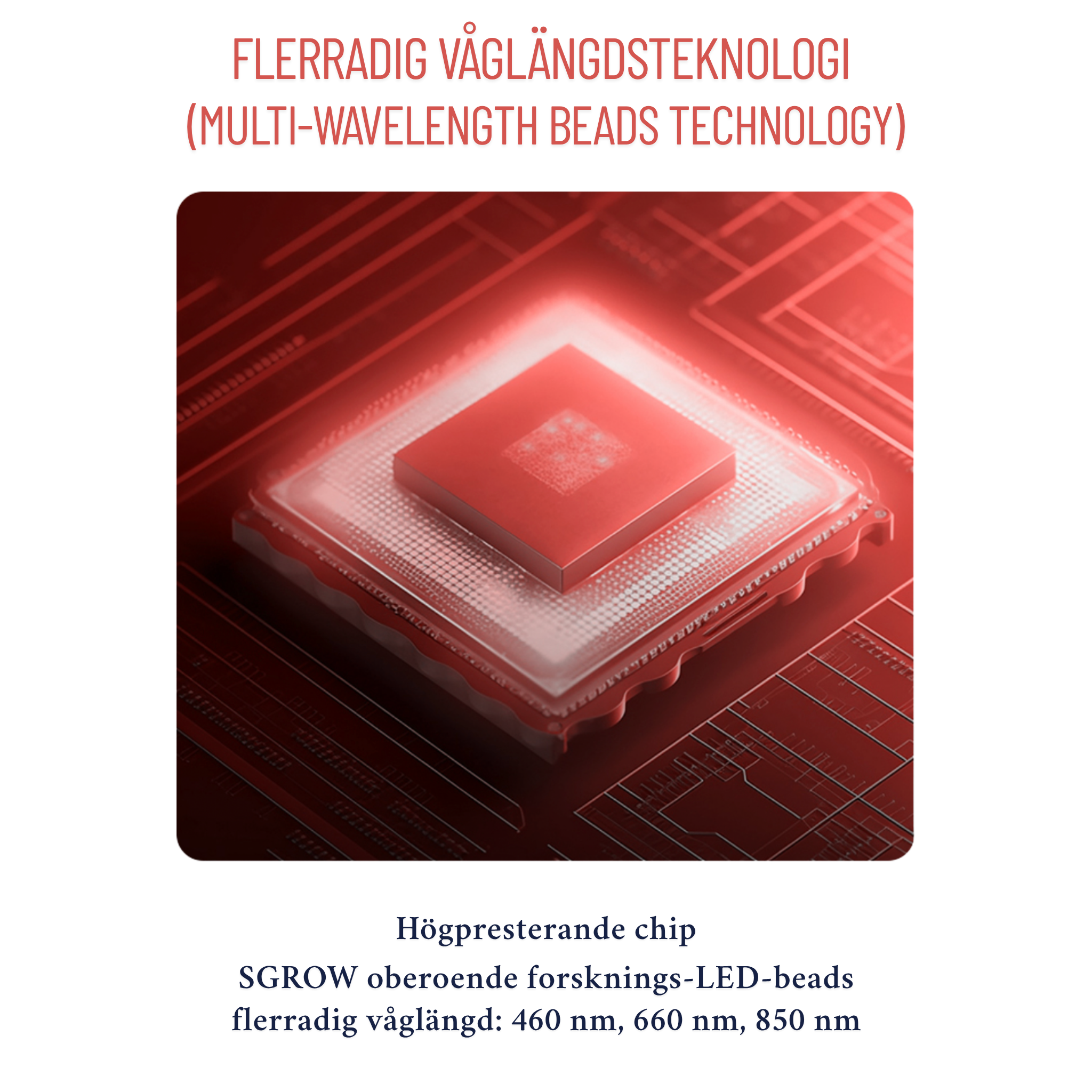 Närbild på LED-chip med flerradig våglängdsteknologi (460/660/850 nm) för effektiv ljusterapi och hudförbättring.